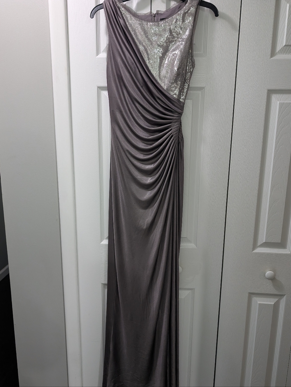 Adrianna Papell Silver Grey Sequin Evening Gown